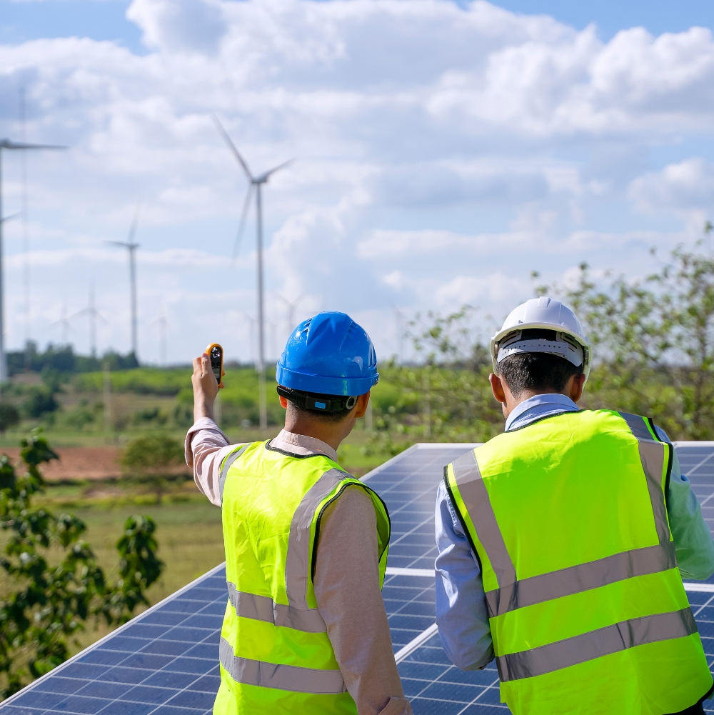 Engineers near solar panels and wind turbines